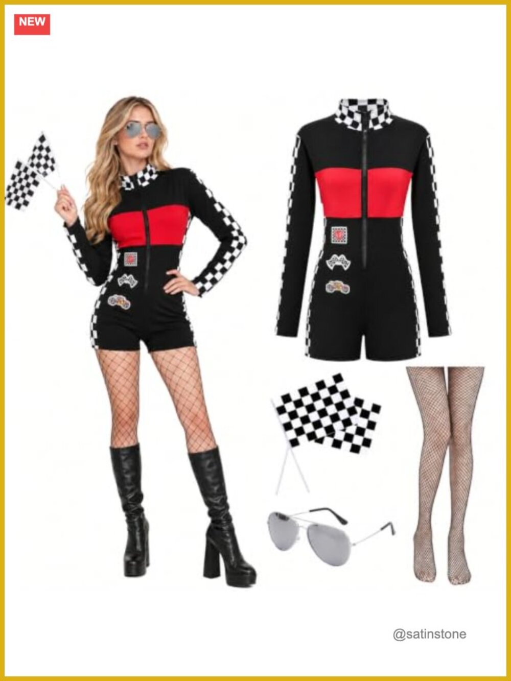 Race Car Driver Costume Set Jumpsuit Stockings Flags Cosplay